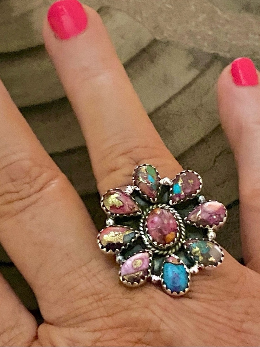 Pink Dahlia Turquoise flower cluster ring southwestern rodeo size adjustable